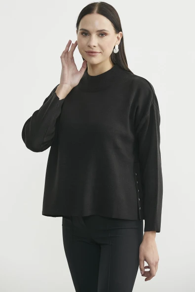 Oversize Dik Yaka Triko Kazak - Siyah ürün görseli