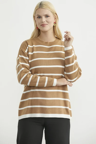 Çizgili Oversize Basic Triko Kazak - Karamel - Resim 2