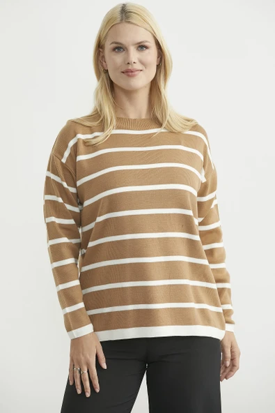 Çizgili Oversize Basic Triko Kazak - Karamel - Resim 5