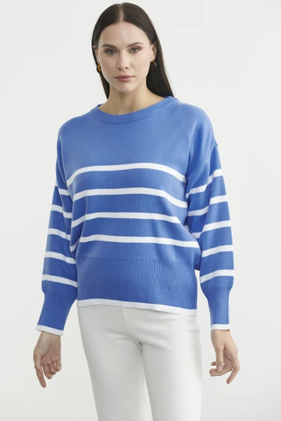 Oversize Çizgi Detaylı Triko Kazak - Mavi - Resim 3