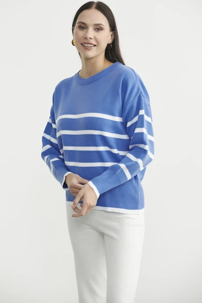 Oversize Çizgi Detaylı Triko Kazak - Mavi - Resim 4