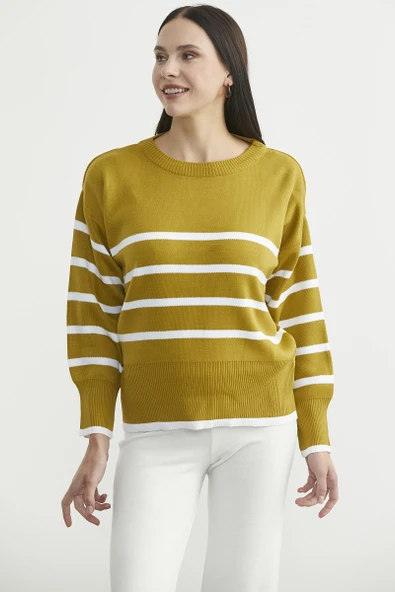 Oversize Çizgi Detaylı Triko Kazak - Zeytin Yeşil - Resim 3