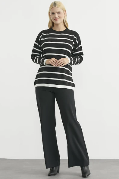 Çizgili Oversize Basic Triko Kazak - Siyah - Resim 2