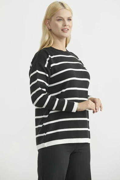 Çizgili Oversize Basic Triko Kazak - Siyah - Resim 3