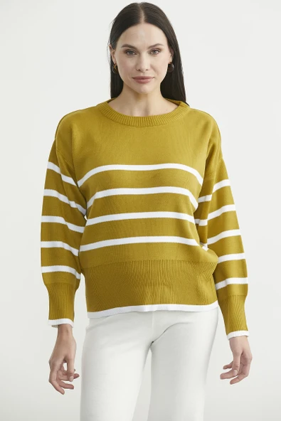 Oversize Çizgi Detaylı Triko Kazak - Zeytin Yeşil ürün görseli