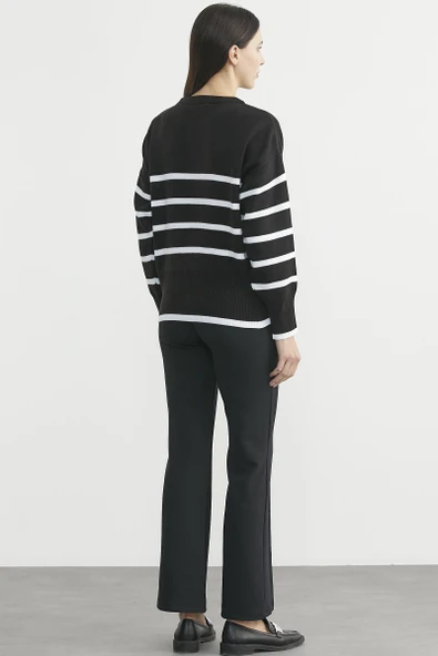 Oversize Çizgi Detaylı Triko Kazak - Siyah - Resim 5