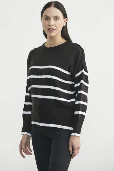 Oversize Çizgi Detaylı Triko Kazak - Siyah - Resim 4