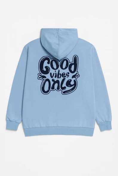 Kadın Kapüşonlu Cepli Yazı Baskılı Mavi Sweatshirt - Resim 3