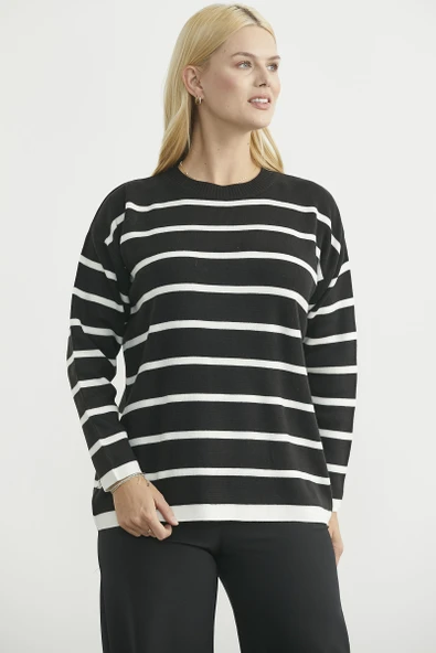 Çizgili Oversize Basic Triko Kazak - Siyah - Resim 4