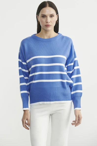 Oversize Çizgi Detaylı Triko Kazak - Mavi ürün görseli