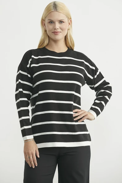 Çizgili Oversize Basic Triko Kazak - Siyah ürün görseli