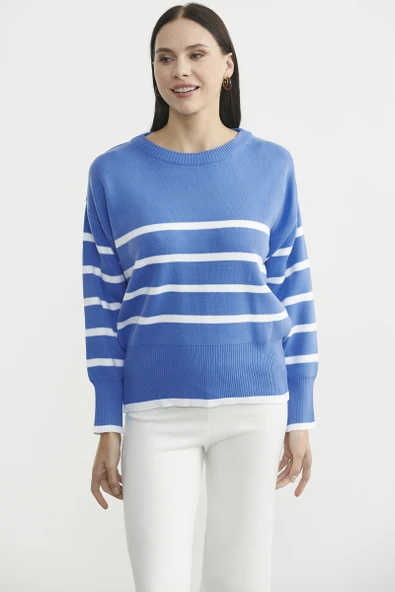 Oversize Çizgi Detaylı Triko Kazak - Mavi - Resim 2