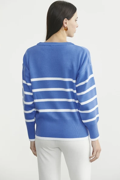 Oversize Çizgi Detaylı Triko Kazak - Mavi - Resim 5