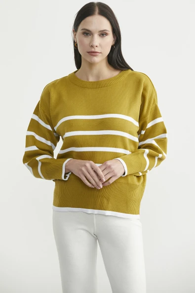 Oversize Çizgi Detaylı Triko Kazak - Zeytin Yeşil - Resim 2