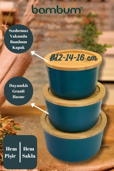 Bambum Slalom 3lü Set - Bambu Kapaklı Granit Saklama Kabı (12-14-16cm)  Mavi ürün görseli