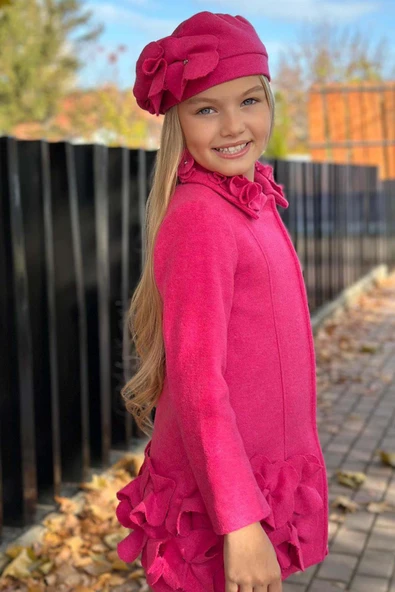 Kız Çocuk Yakası Taş ve Yonca Detaylı Çıtçıt Düğmeli Fuşya Kaşe - 4