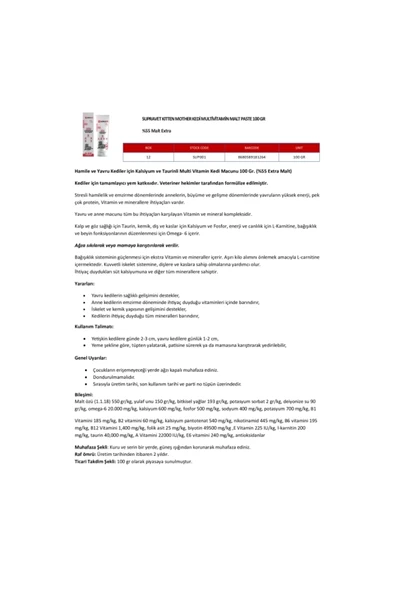 Supravet KITTEN MOTHER MULTİ VİTAMİN MALT PASTE 100 GR - Resim 5
