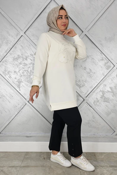 KADIN DİKME ÇİÇEK VE TAŞ DETAYLI TESETTÜR TUNİK - Resim 2