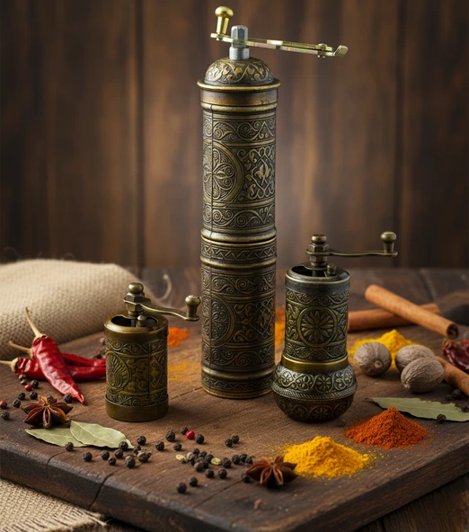 LUDIA Zamak Metal Antik Renk 3 lü Set Karabiber,Kahve,Çörek Otu El Değirmeni Öğütücü Grinder S2 - 4