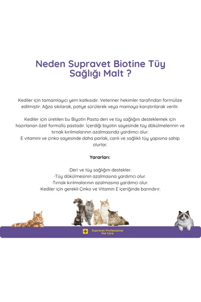Supravet Kediler Için Biotine Malt 100 GR (TÜY DÖKÜLMESİ ENGELLEYİCİ BİOTİN TÜY SAĞLIĞI) - Resim 6