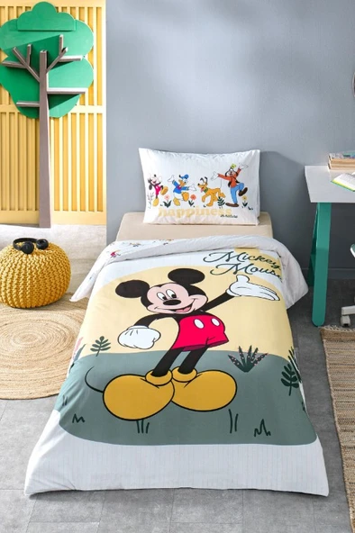 Özdilek Disney Lisanslı Mickey Nomadic Sarı Tek Kişilik %100 Pamuk Lastik Çarşaflı Nevresim Takımı