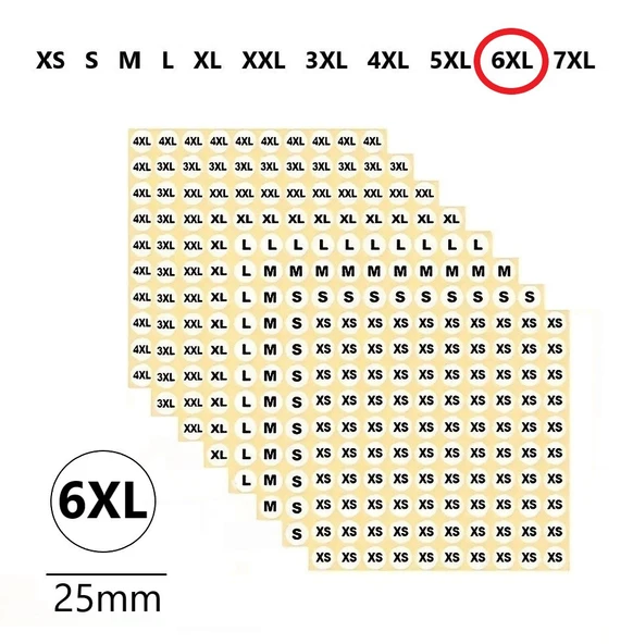 6XL-Mağaza Giysi, Beden Etiket Çapı-25mm Kendinden Yapışkanlı (210 adet) Yuvarlak Boyut Etiket ürün görseli 1