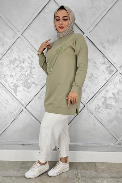KADIN DİKME ÇİÇEK VE TAŞ DETAYLI TESETTÜR TUNİK - Resim 3