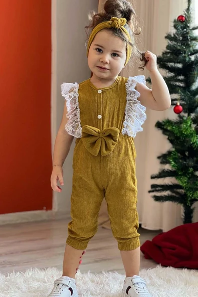 Kız Çocuk Omuzdan Göğse Dantel İşlemeli Beli Fiyonk Detaylı Bandanalı Hardal Tulum ürün görseli