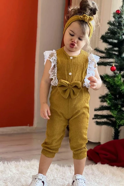 Kız Çocuk Omuzdan Göğse Dantel İşlemeli Beli Fiyonk Detaylı Bandanalı Hardal Tulum - Resim 6