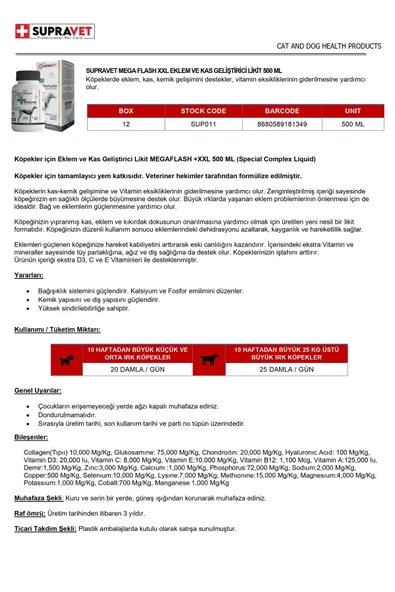 Supravet Köpekler Için Eklem Ve Kas Geliştirici Likit Xxl 500ml - Resim 2