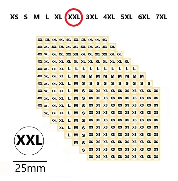 XXL-Mağaza Giysi, Beden Etiket Çapı-25mm Kendinden Yapışkanlı (210 adet) Yuvarlak Boyut Etiket ürün görseli 1