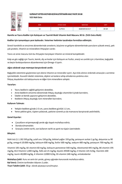 Supravet Hamile Ve Yavru Kediler Için Kalsiyum Ve Taurinli Multi Vitamin Kedi Macunu 30 Gr. (%57 Extra Malt) - Resim 2