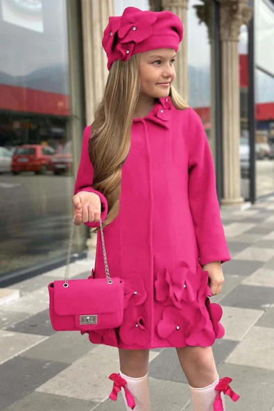 Kız Çocuk Yakası Taş ve Yonca Detaylı Çıtçıt Düğmeli Fuşya Kaşe - 3