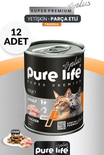 PureLife PLUS TAVUK ETLİ YETİŞKİN KEDİ KONSERVE MAMA 400GR 12li Paket