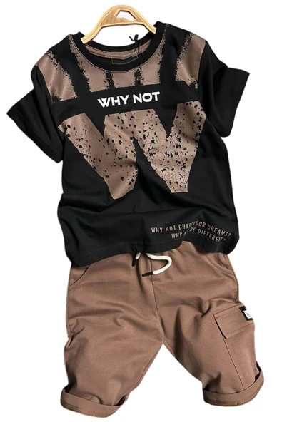 Erkek Çocuk W Harf Why Not Baskılı T-Shirt Kahverengi Şortlu Takım ürün görseli