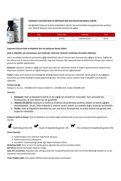 Supravet Calcium Kedi Ve Köpek İçin Sıvı Kalsiyum Damla 100ml - Resim 2