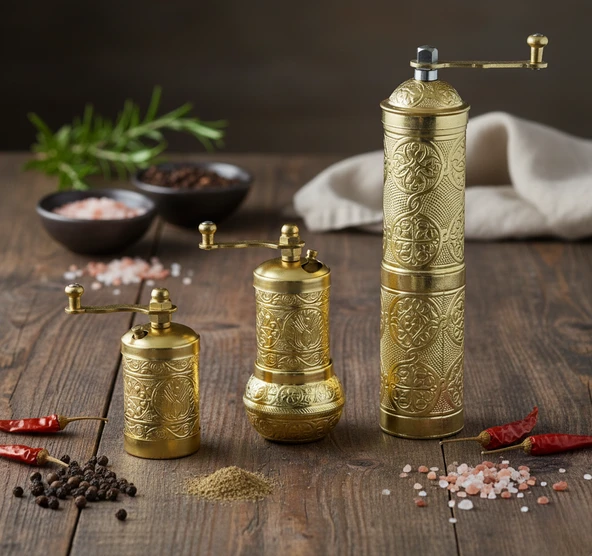 LUDIA Zamak Metal Altın Renk 3 lü Set Karabiber,Kahve,Çörek Otu El Değirmeni Öğütücü Grinder S2