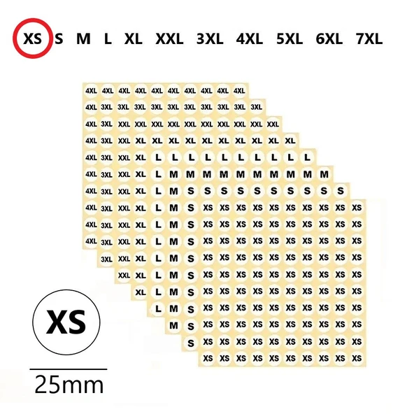 XS-Mağaza Giysi, Beden Etiket Çapı-25mm Kendinden Yapışkanlı (210 adet) Yuvarlak Boyut Etiket ürün görseli 1