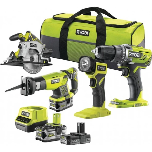 Ryobi RCK184-252S 18V 4'lü Akülü Set Darbesiz Vidalama + Kılıç Testere + Daire Testere + Led El Feneri - 5133005692 - 3