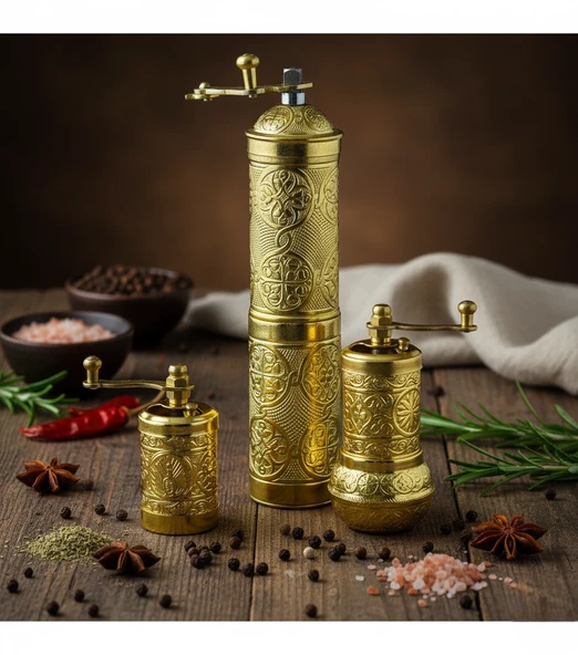 LUDIA Zamak Metal Altın Renk 3 lü Set Karabiber,Kahve,Çörek Otu El Değirmeni Öğütücü Grinder S2 - 6