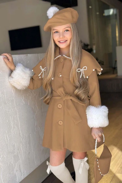 Kız Çocuk Boydan Yakası İnci Taş İşlemeli Şal Detaylı Kemerli Bej Kaşe - 4