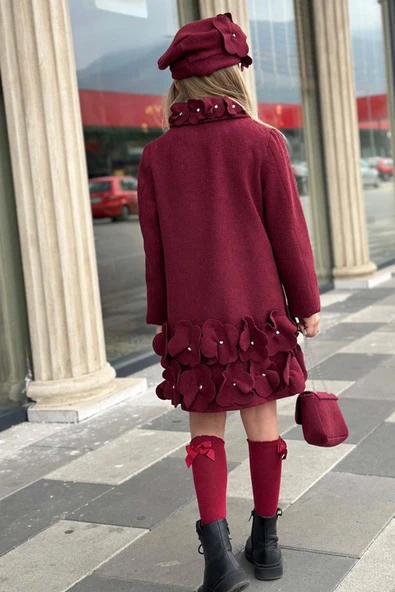 Kız Çocuk Yakası Taş ve Yonca Detaylı Çıtçıt Düğmeli Bordo Kaşe - 4