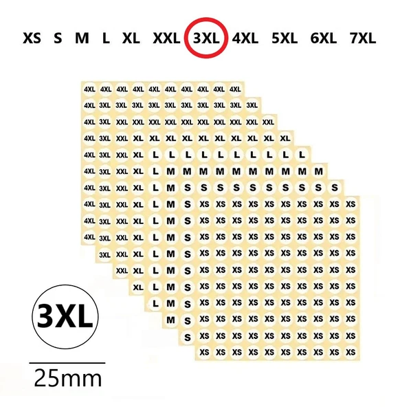 3XL-Mağaza Giysi, Beden Etiket Çapı-25mm Kendinden Yapışkanlı (210 adet) Yuvarlak Boyut Etiket ürün görseli 1