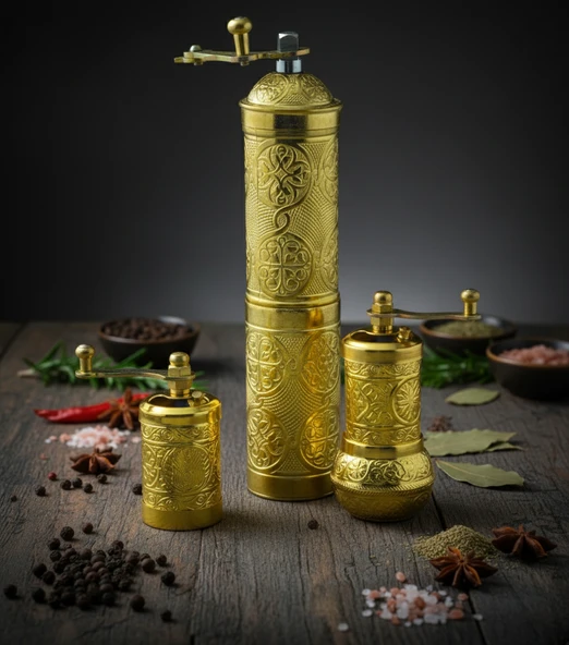 LUDIA Zamak Metal Altın Renk 3 lü Set Karabiber,Kahve,Çörek Otu El Değirmeni Öğütücü Grinder S2 - 7