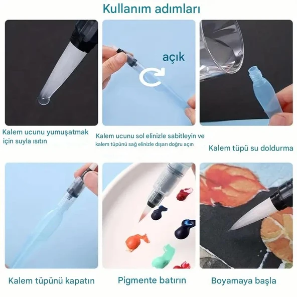 Fırça uçlu, brush pen, sulu boya, su ve mürekkep hazneli, boyama kalem mavi-M-S beden - Resim 5
