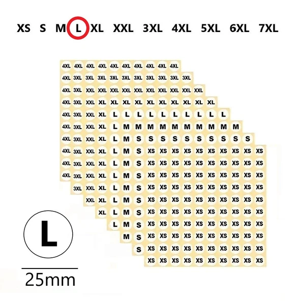 L-Mağaza Giysi, Beden Etiket Çapı-25mm Kendinden Yapışkanlı (210 adet) Yuvarlak Boyut Etiket ürün görseli 1