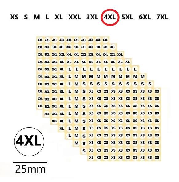 4XL-Mağaza Giysi, Beden Etiket Çapı-25mm Kendinden Yapışkanlı (210 adet) Yuvarlak Boyut Etiket ürün görseli 1
