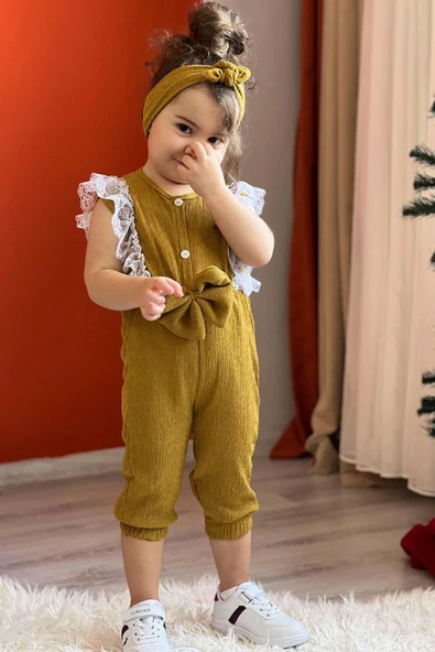 Kız Çocuk Omuzdan Göğse Dantel İşlemeli Beli Fiyonk Detaylı Bandanalı Hardal Tulum - Resim 4