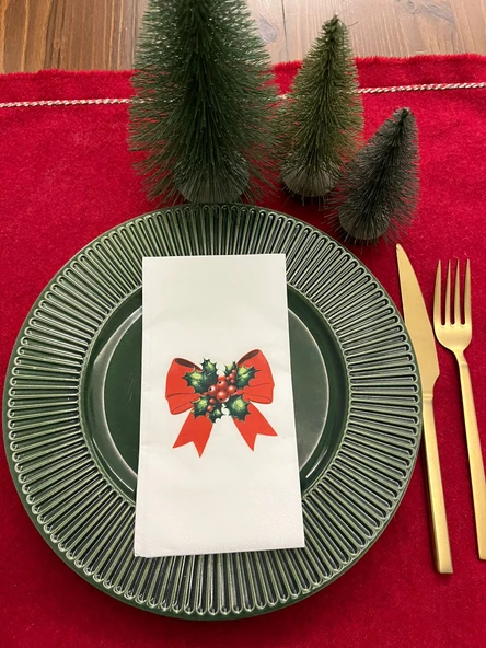 Zarif Kırmızı Fiyonk Baskılı Yılbaşı Peçetesi Beyaz 16 Adet ürün görseli