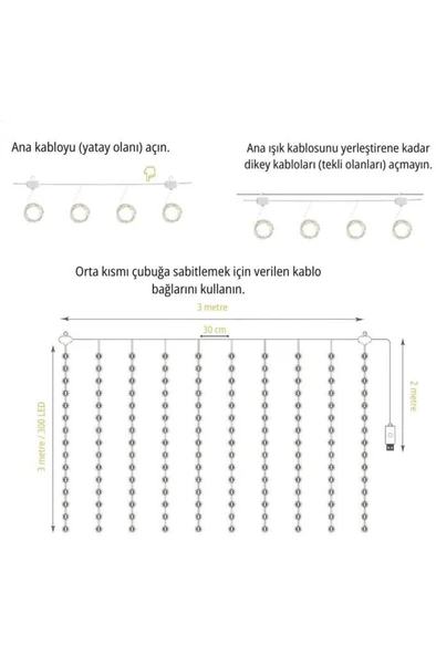 Lw-7 300 Ledli 10 Sarkıt Perde Led Işık, 8 Modlu Uzaktan Kumandalı, 3x3 Metre Peri Telli Led - Resim 3